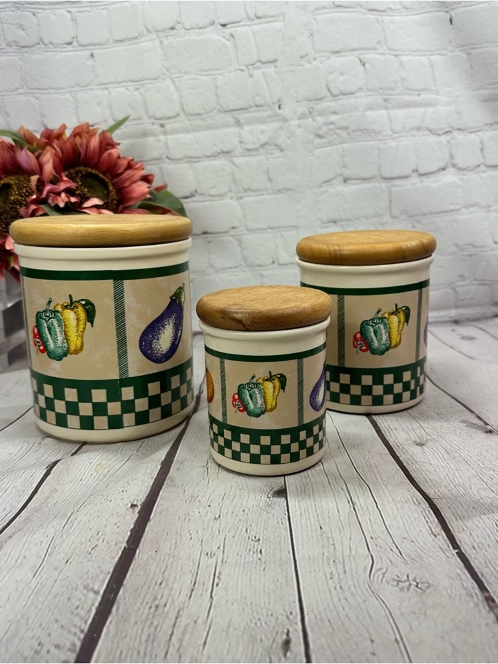vtg Himark vegetable medley Canister Set 3pc cottage country farmhouse 90s retro